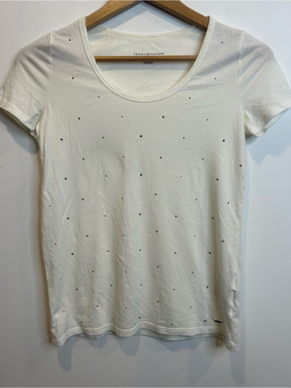 Tommy Hilfiger Short Sleeve Scoop Neck Studded Tee Shirt Cream